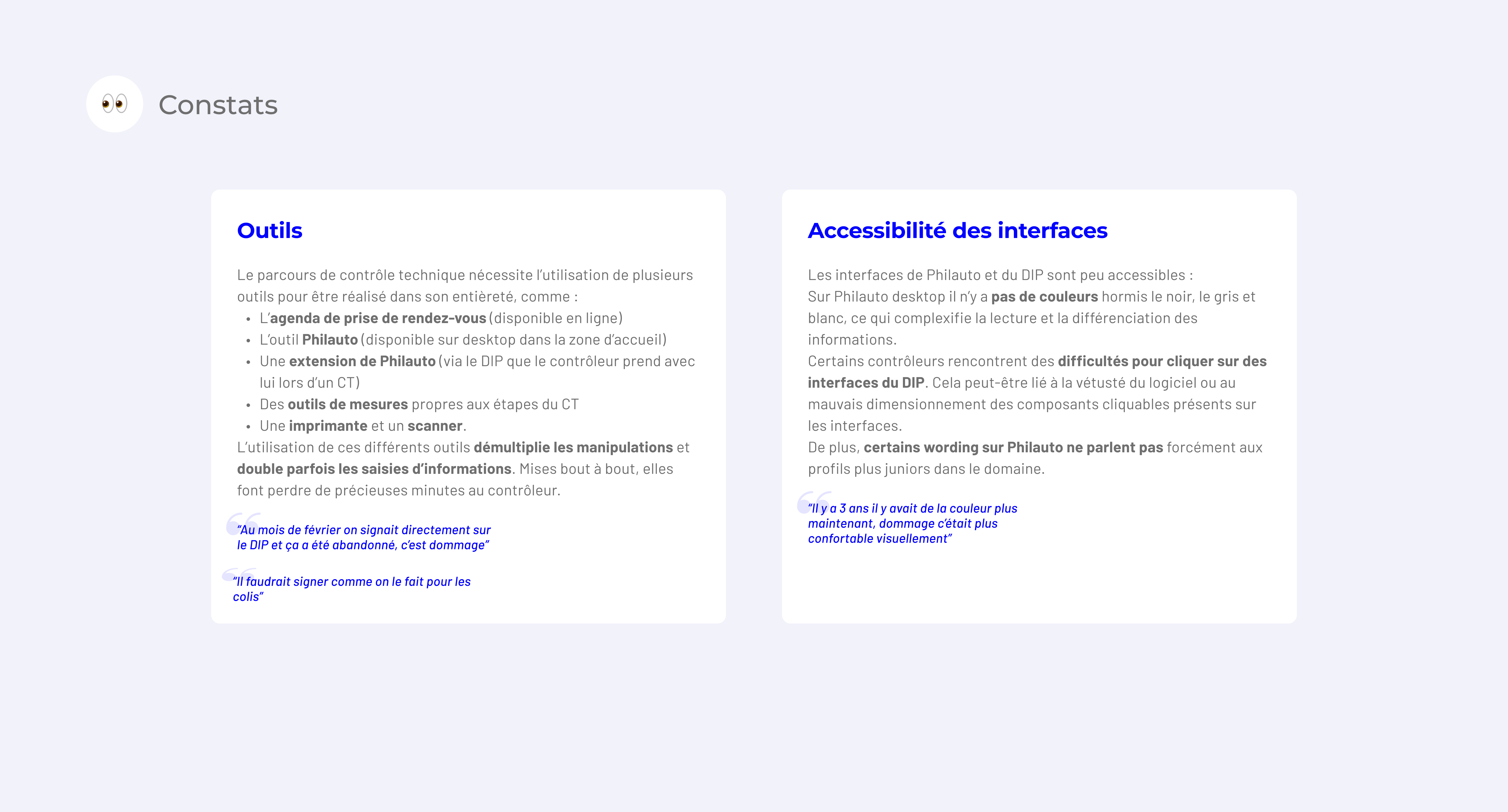 Exemple de constats sur les outils